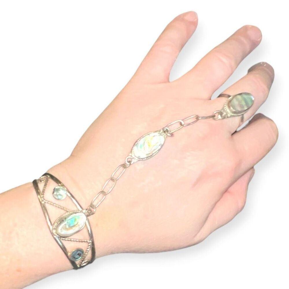 Vintage Mexican Alpaca Silver Slave Bracelet Hand Flower Abalone Ring Cuff - Picture 9 of 10